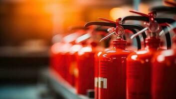 fuoco estintori nel un' riga su il produzione linea nel il fabbrica. ai generato. foto