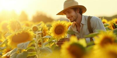 giovane contadino nel girasoli campo a tramonto. ai generato. foto