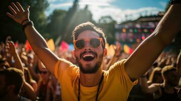 giovane uomo con occhiali da sole danza a un' musica Festival. ai generato. foto
