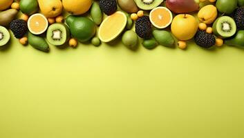 assortito frutta su un' verde sfondo. ai generato. foto