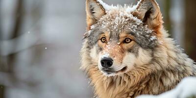 ritratto di un' lupo nel il nevoso foresta. selvaggio animali. ai generato. foto