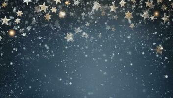 Natale sfondo con i fiocchi di neve e stelle su un' buio blu sfondo. ai generato. foto