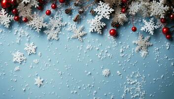 Natale sfondo con i fiocchi di neve e rosso frutti di bosco. ai generato. foto