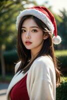 bellissimo ragazza nel Santa Claus Abiti al di sopra di Natale sfondo foto