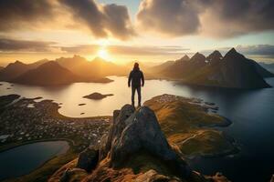 uomo in piedi su il superiore di un' montagna e godendo il Visualizza ai generato foto