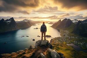 uomo in piedi su il superiore di un' montagna e godendo il Visualizza ai generato foto