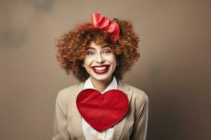 ritratto di un' contento donna con rosso cuore.valentino giorno concetto ai generato foto