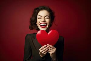 ritratto di un' contento donna con rosso cuore su un' rosso background.valentine's giorno concetto ai generato foto