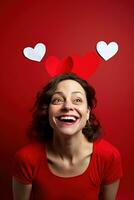 ritratto di un' contento donna con rosso cuore su un' rosso background.valentine's giorno concetto ai generato foto