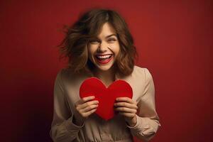 ritratto di un' contento donna con rosso cuore su un' rosso background.valentine's giorno concetto ai generato foto