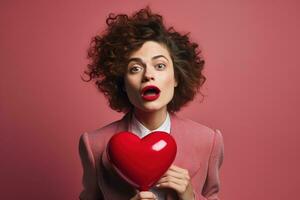 ritratto di un' contento donna con rosso cuore su un' rosso background.valentine's giorno concetto ai generato foto