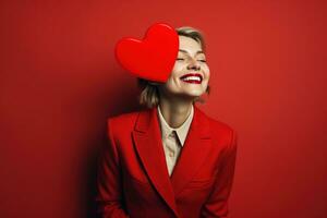 ritratto di un' contento donna con rosso cuore su un' rosso background.valentine's giorno concetto ai generato foto