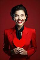 ritratto di un' contento donna con rosso cuore su un' rosso background.valentine's giorno concetto ai generato foto