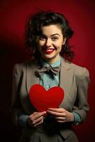 ritratto di un' contento donna con rosso cuore su un' rosso background.valentine's giorno concetto ai generato foto