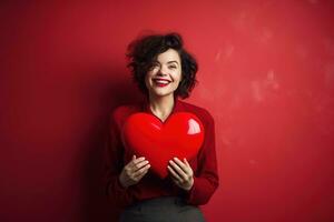 ritratto di un' contento donna con rosso cuore su un' rosso background.valentine's giorno concetto ai generato foto