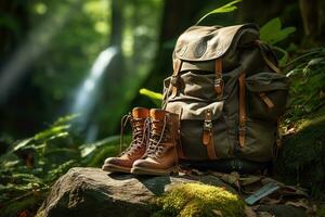 escursioni a piedi stivali e zaino nel il foresta. viaggio e avventura concetto ai generato foto