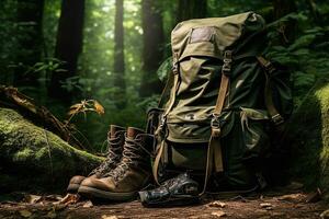 escursioni a piedi stivali e zaino nel il foresta. viaggio e avventura concetto ai generato foto