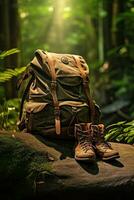 escursioni a piedi stivali e zaino nel il foresta. viaggio e avventura concetto ai generato foto