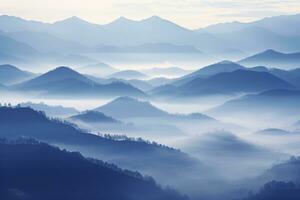 ai generato bellissimo paesaggio di montagne nel nebbioso mattina.bellezza nel natura. foto