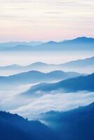 ai generato bellissimo paesaggio di montagne nel nebbioso mattina.bellezza nel natura. foto