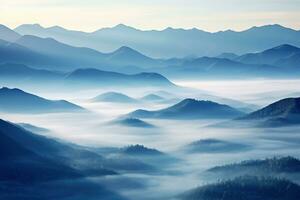 ai generato bellissimo paesaggio di montagne nel nebbioso mattina.bellezza nel natura. foto