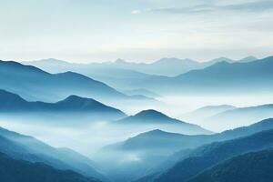 ai generato bellissimo paesaggio di montagne nel nebbioso mattina.bellezza nel natura. foto