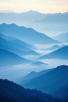 ai generato bellissimo paesaggio di montagne nel nebbioso mattina.bellezza nel natura. foto