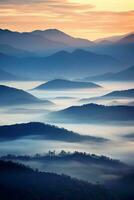 ai generato bellissimo paesaggio di montagne nel nebbioso mattina.bellezza nel natura.ai generato foto