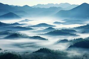 ai generato bellissimo paesaggio di montagne nel nebbioso mattina.bellezza nel natura.ai generato foto