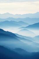 ai generato bellissimo paesaggio di montagne nel nebbioso mattina.bellezza nel natura. foto