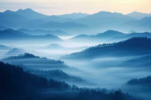 ai generato bellissimo paesaggio di montagne nel nebbioso mattina.bellezza nel natura. foto