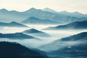 ai generato bellissimo paesaggio di montagne nel nebbioso mattina. bellezza nel natura. foto