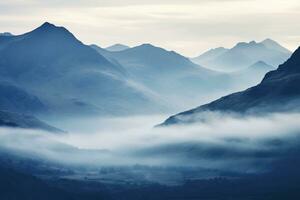 ai generato bellissimo paesaggio di montagne nel nebbioso mattina. bellezza nel natura. foto