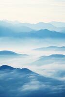 ai generato bellissimo paesaggio di montagne nel nebbioso mattina. bellezza nel natura. foto