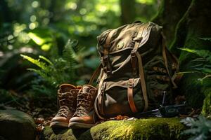 escursioni a piedi stivali e zaino nel il foresta. viaggio e avventura concetto ai generato foto