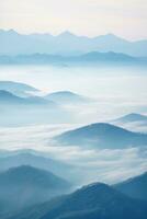 ai generato bellissimo paesaggio di montagne nel nebbioso mattina. bellezza nel natura. foto