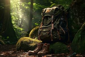 escursioni a piedi stivali e zaino nel il foresta. viaggio e avventura concetto ai generato foto