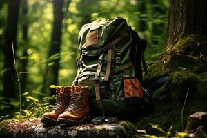 escursioni a piedi stivali e zaino nel il foresta. viaggio e avventura concetto ai generato foto