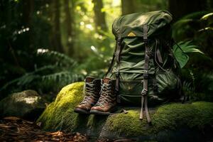 escursioni a piedi stivali e zaino nel il foresta. viaggio e avventura concetto ai generato foto