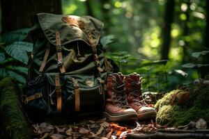 escursioni a piedi stivali e zaino nel il foresta. viaggio e avventura concetto ai generato foto