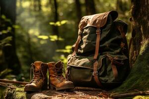 escursioni a piedi stivali e zaino nel il foresta. viaggio e avventura concetto ai generato foto