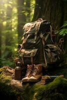 escursioni a piedi stivali e zaino nel il foresta. viaggio e avventura concetto ai generato foto