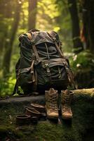 escursioni a piedi stivali e zaino nel il foresta. viaggio e avventura concetto ai generato foto