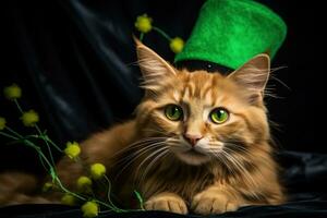 carino gatto indossare un' verde superiore cappello per st. Patrick giorno. ai generato foto