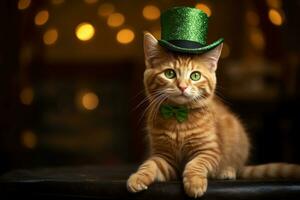 carino gatto indossare un' verde superiore cappello per st. Patrick giorno. ai generato foto
