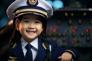 ritratto di un' carino asiatico poco ragazza nel un' pilota uniforme ai generato foto