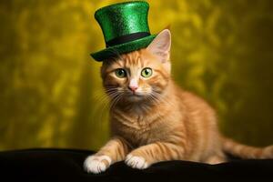 carino gatto indossare un' verde superiore cappello per st. Patrick giorno. ai generato foto