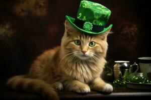 carino gatto indossare un' verde superiore cappello per st. Patrick giorno. ai generato foto