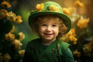 ritratto di un' sorridente ragazzo nel un' fata costume. st. Patrick giorno. ai generato foto