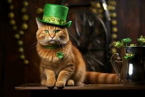 carino gatto indossare un' verde superiore cappello per st. Patrick giorno. ai generato foto